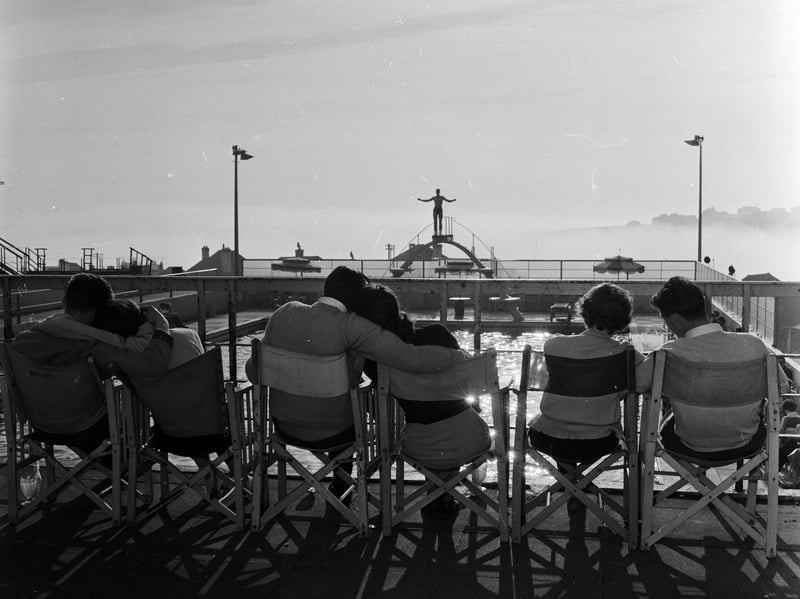 Honeymooning couples by the pool at Billy Butlin's Ocean Hotel in Saltdean near Brighton, Sussex, in April 1957