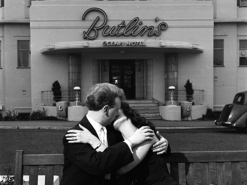 A honeymooning couple at Billy Butlin's Ocean Hotel in Saltdean near Brighton, Sussex, in April 1957