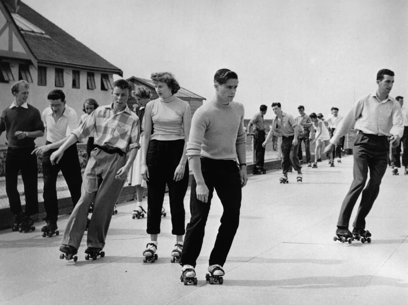 Holidaymakers rollerskating at Butlin's holiday camp, Clacton, Essex, in July 1956
