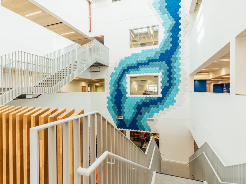 The main entrance foyer includes the school library alongside informal social and meeting spaces for the community to use.