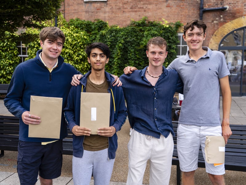 Students from Portsmouth Grammar School collected their A Level results this morning. 

Pictured is: Samuel Heppell, Ayman Adil, Charlie Dance and Thomas Howard. 

Picture: Matthew Clark
