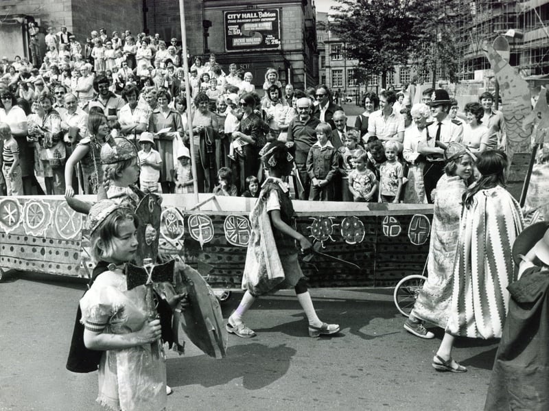 Sheffield Pageant makes its way through Sheffield city centre in July 1976