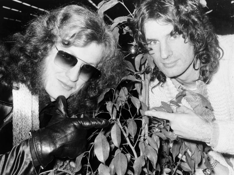 Drummer Don Don Powell and lead singer Noddy Holder, of Slade, pictured during a visit to Leeds in 1976, when they were promoting their latest single, Let's Call It Quits