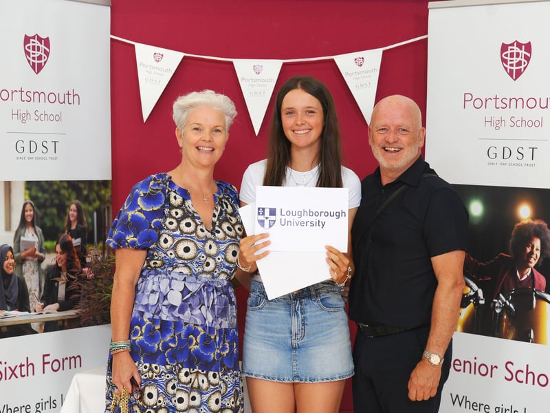 Students from Portsmouth High School in Southsea, collected their A Level results.

Pictured is: Darcey Clarke (18) who got three A'S in Geography, Chemistry and Maths with her mum and dad Nadine Webster and Paul Clarke.

Picture: Sarah Standing (140825-2955)