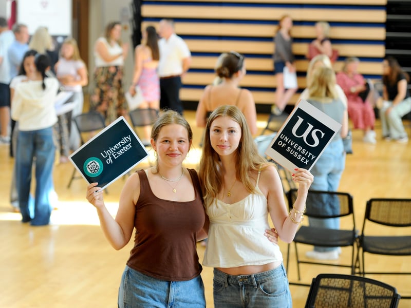 Students from Portsmouth High School in Southsea, collected their A Level results.

Pictured is: (l-r) Alexandra Dancey (18) who is off to the University of Exeter to study Media and Communications and Rose Harwood (18) who is off to the University of Sussex to study International Development. 

Picture: Sarah Standing (140825-2955)