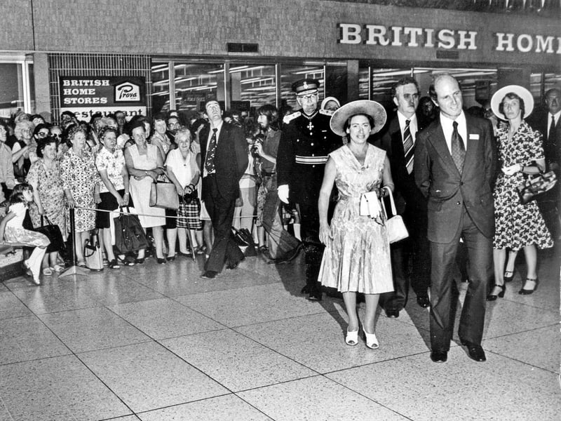 Princess Margaret is pictured outside British Home Stores as she opens the Arndale Centre, in Doncaster, on July 6, 1976