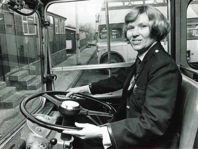Brenda Cork, the first woman bus driver in Sheffield, pictured in 1976