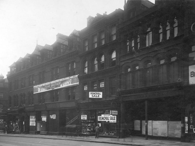 New Briggate and Upper Headrow in August 1929. Just visible is Burtons on corner of The Headrow. Shops closed down prior to the building of the Lewis's Building which was opened on September 17, 1932.