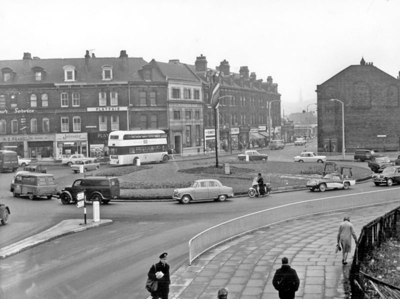 The roundabout at the junction of Ecclesall Road, The Moor, St Mary's Gate and London Road, pictured in November 1962