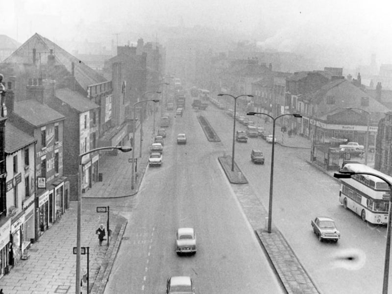 The Wicker, Sheffield, viewed from the Wicker Arches in January 1965, showing the Viaduct pub, Hallats Transport House Cafe, and the Studio 7 Cinema