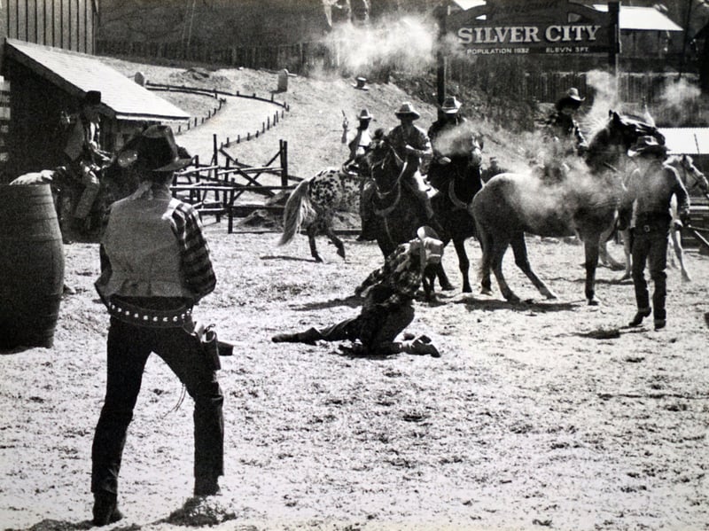 A gun fight at Silver City in the old American Adventure theme park, Derbyshire, in 1987