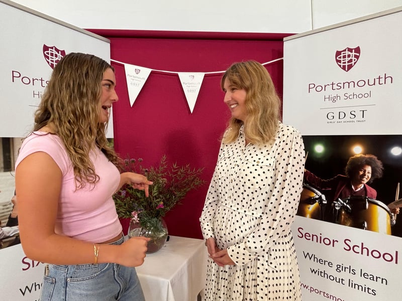 Katie Cells, 18, head girl at Portsmouth High School celebrates achieving two A* and an A with head teacher Sarah Parker.