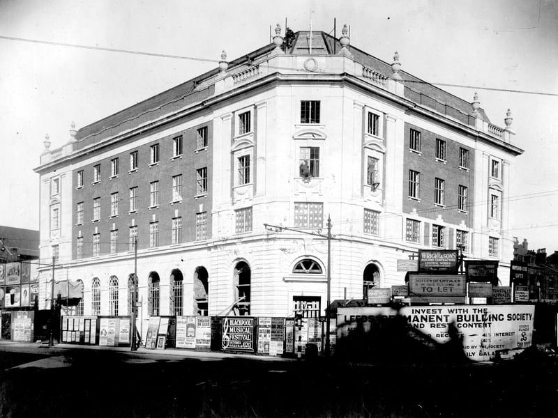  Leeds Permanent Building Society on Junction of Cookridge Street with the Headrow. Photo is taken during construction builders boards surround the building with Playbills and contractors sign visible. Pictured in October 1929.