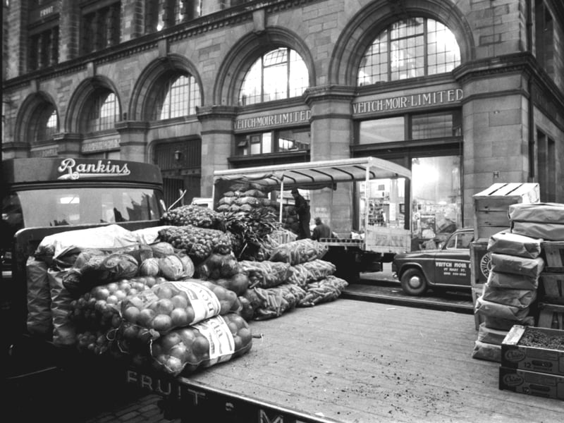 The Edinburgh Fruit Market, on Market Street, in 1972, on the last day before it transferred to Gorgie. A Rankins lorry with vegetables loaded is parked outside the market.