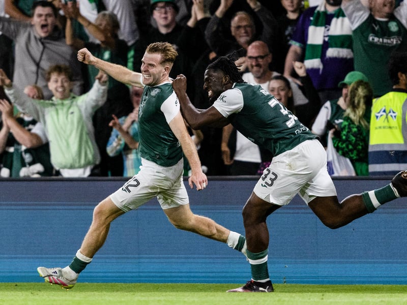 The wing-back practically does laps around Easter Road as he celebrates the winner.