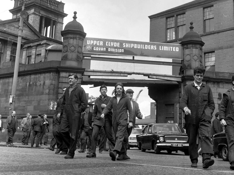 Shipyard workers outside the gates of the Govan division of the Upper Clyde Shipbuilders in June 1971