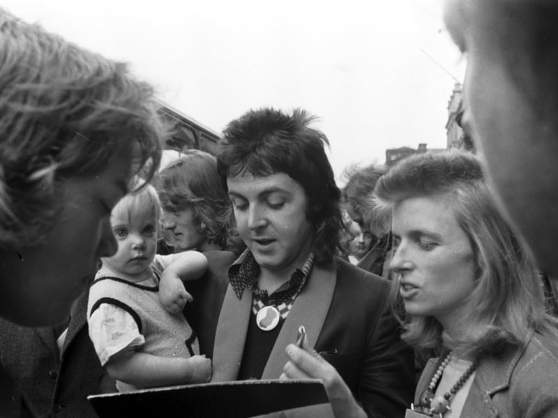 Former Beatle Paul McCartney, Linda McCartney and their baby daughter Stella McCartney pictured with autograph hunters outside the North British (NB) hotel on Princes Street, Edinburgh, in May 1973. Wings had played a concert at the Odeon in Edinburgh the previous evening.