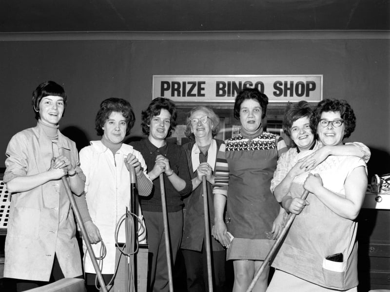 A group of cleaners at the new bingo hall in Falkirk in October 1972