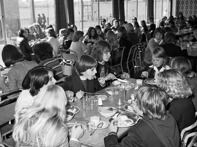 Children eating school dinners at Forrester High School, Edinburgh, in September 1977