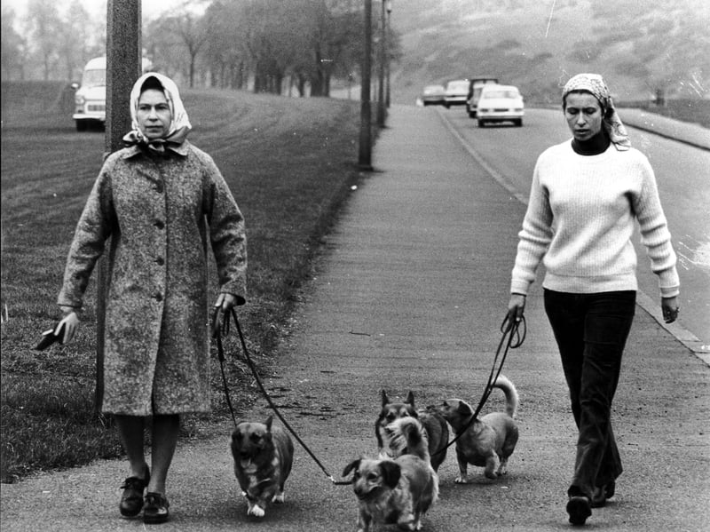 The Queen and Princess Anne walk their dogs in Holyrood Park during their visit to Edinburgh in October 1976