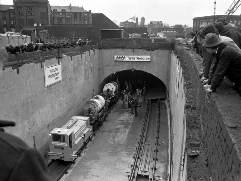 The first train gets ready to go through the tunnel when Taylor Woodrow puts the finishing touches to the Bridge Street underground line in Glasgow in February 1979