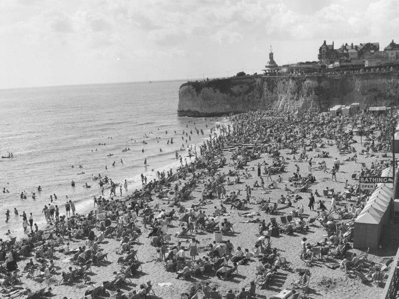 Holidaymakers enjoy the weather at Viking Bay in Broadstairs, Kent, in August 1961