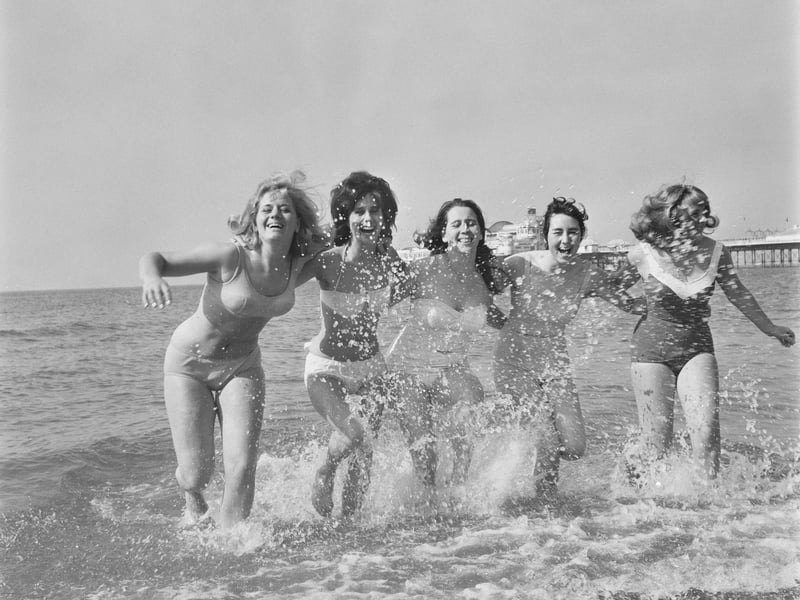 Vivienne Wood, Joan Whittington and Marlene Collier with two friends enjoying a Whit Bank Holiday weekend in Brighton, East Sussex, in June 1963