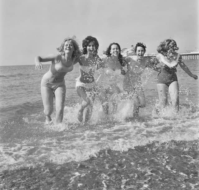 Vivienne Wood, Joan Whittington and Marlene Collier with two friends enjoying a Whit Bank Holiday weekend in Brighton, East Sussex, in June 1963