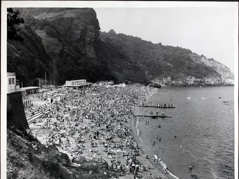 The crowded beach at Oddicombe, Torquay, Devon, in 1968