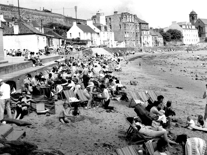 Holidaymakers on the beach at Kinghorn, Fife, in July 1966