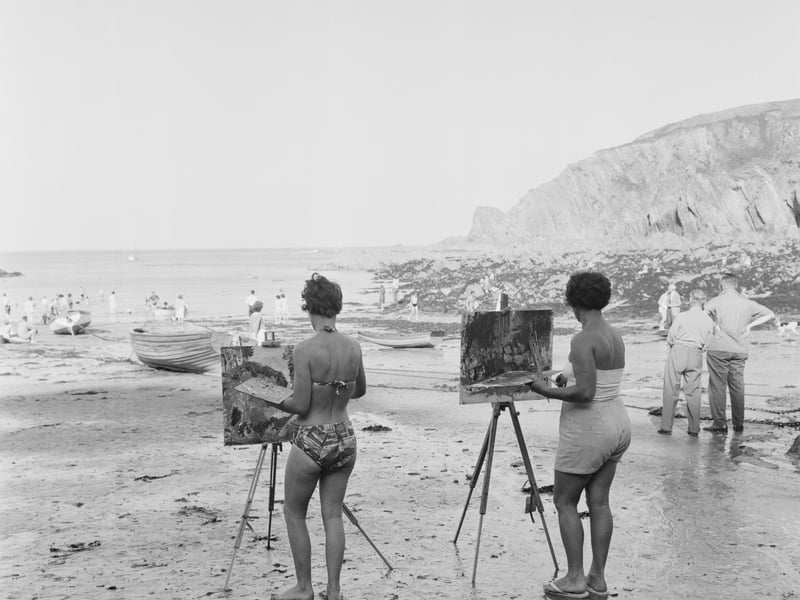 Artists painting on the beach at Lee Bay, near Ilfracombe, North Devon, in 1961