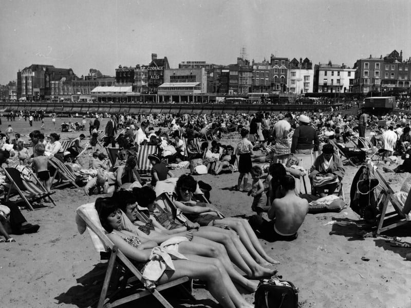 Holidaymakers sunbathing on the beach at Margate in 1963