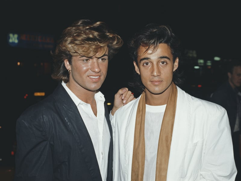 Wham! singers George Michael and Andrew Ridgeley at the premiere of the film Dune, in 1984