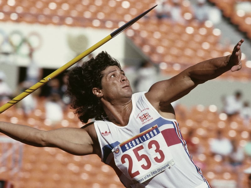 Javelin thrower Fatima Whitbread competing for Great Britain during the 1988 Seoul Olympics, where she won silver