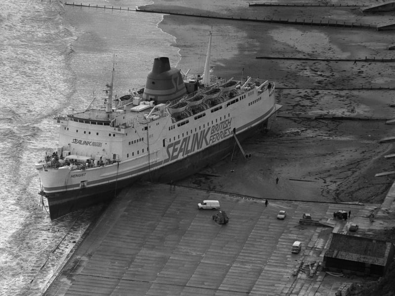 The 'Hengist' Sealink passenger ferry pictured in October 1987, after running aground during the Great Storm which battered southern England