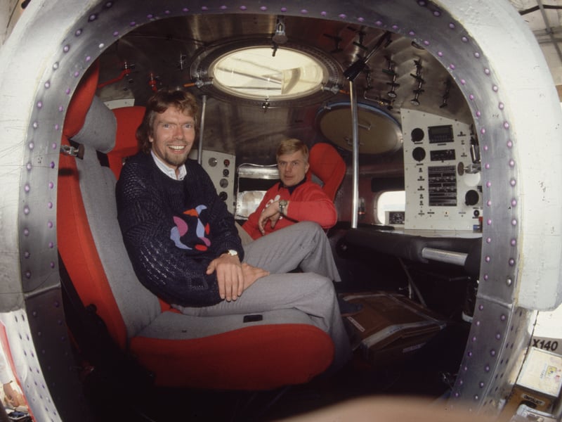 Tycoon Richard Branson in the cabin of his Virgin balloon, 'Virgin Atlantic Flyer', at Gatwick Airport in June 1987, before it was taken to its starting point in Bangor, Sussex, for its record Atlantic crossing