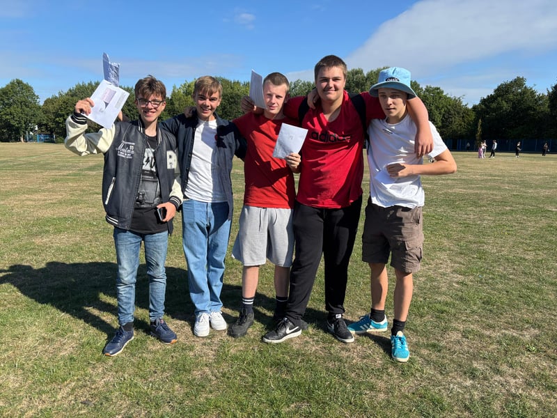 King's Academy Brune Park has celebrated a morning of positive GCSE results.
Pictured: (left to right) Alfie Hebberd (16), Archie Tabb (16), Jack Regan (16), Blake Melsome (16) and Zac Mundell (16)
Picture: Sarah Standing