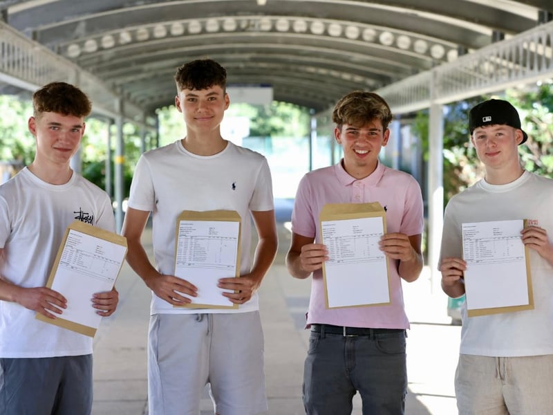 Students at Crookhorn College have celebrated GCSE results day this morning. 

Pictured: (left to right) Taylor Dickerson,Martin Partridge, Blake Brealey and Finlay Trumper

Picture: Chris Moorhouse 