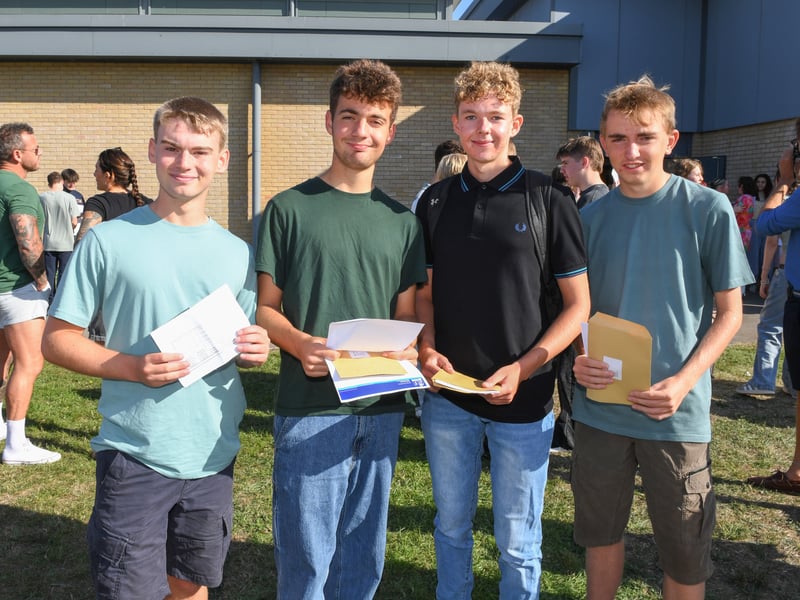 GCSE results at King's Academy Bay House School in Gosport, Hampshire. 

Pictured: Troy Wadsworth, Robin Irons, Roman Saccoccio and Ben Brett

Picture: Paul Jacobs/pictureexclusive.com