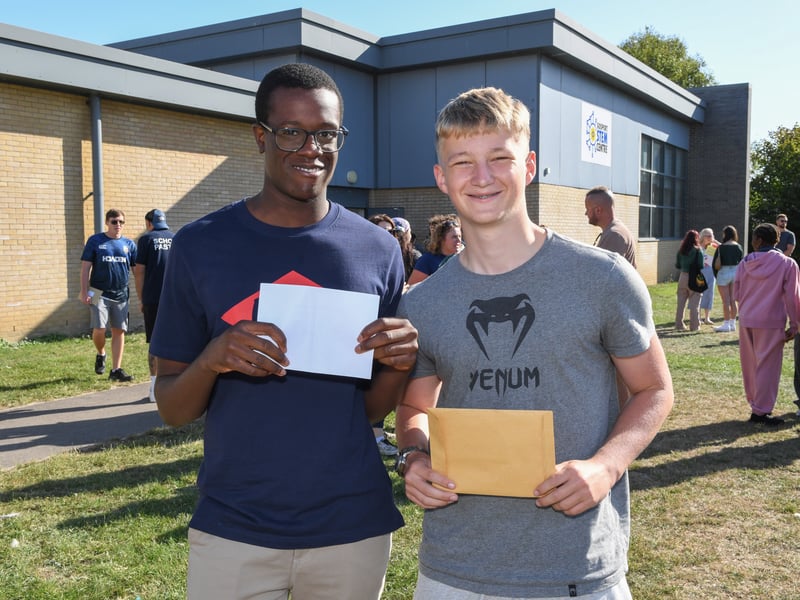 GCSE results at King's Academy Bay House School in Gosport, Hampshire. 

Pictured: Odira Ifeajuna and Ashton Lett 

Picture: Paul Jacobs/pictureexclusive.com