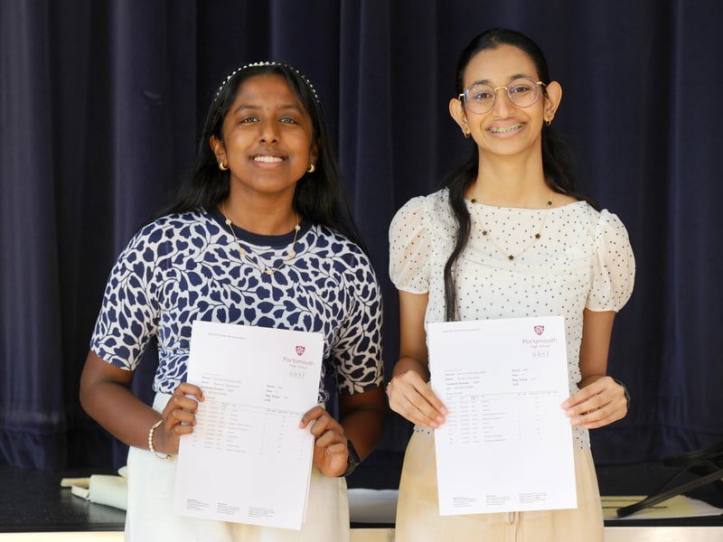 Students from Portsmouth High School in Kent Road, Southsea, collected their GCSE results on Thursday, August 21, 2025.
Pictured is: (l-r) Thaaniya (16) achieved four 9's in chemistry, English language, French and drama, three 8's in business, maths and computer science, two 7's in biology and physics and an A* in English literature with Khushi (16) achieved four 9's in business, chemistry, English language and DT, four 8's in biology, maths, physics and French, one 7 in drama and an A* in English literature.
Picture: Sarah Standing (210825-3091)