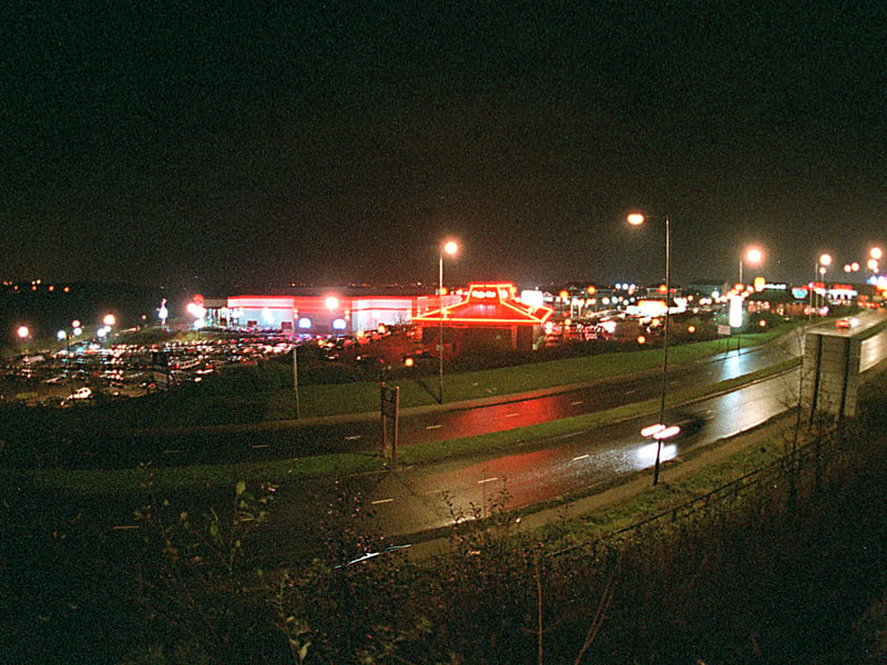 The Business park at Birstall with the Showcase Cinema on the left of the picture lights up the night sky in December 1997.