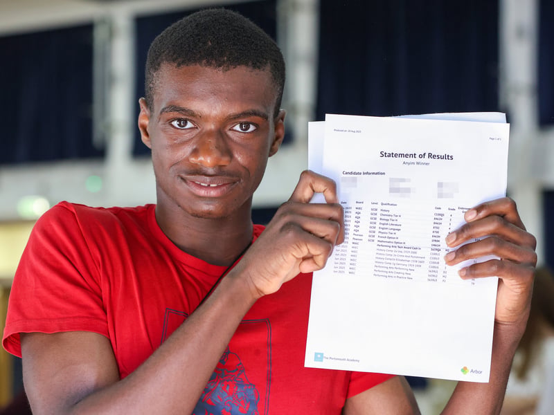 GCSE results at Portsmouth Academy, St Mary's Road. 

Pictured: Winner Anyim  with his results. He has overcome the bullying he faced for being black, and for being autistic, to achieve them. He will study A-levels at Portsmouth College and is especially interested in Mixed Martial Arts. 

Picture: Chris Moorhouse 