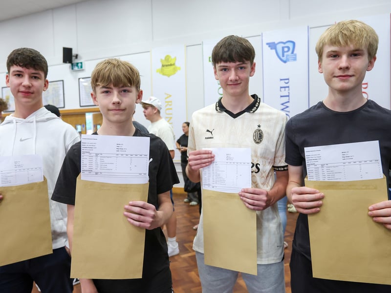 Crookhorn College has celebrated a wonderful morning of GCSE results. 

Pictured: From left, Connor Dalby has passed all his exams, likewise Luke Benson who will study an engineering T-level at South Downs College, Joe Singleton will study A-levels at Havant College after passing all his exams, and Ethan Chappell has also passed all his exams and will study public and uniform service at South Downs College. 

Picture: Chris Moorhouse (210825-25)