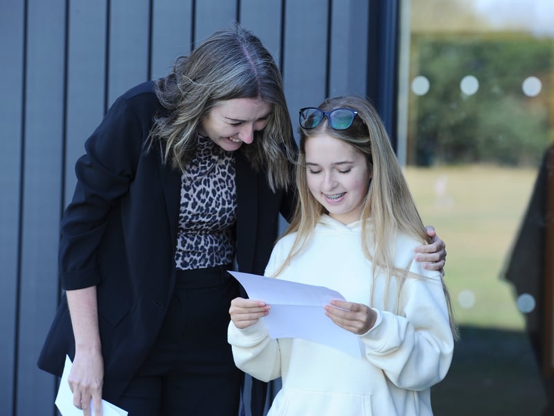 Students from King's Academy Brune Park in Gosport, collected their GCSE results this morning. 

Pictured is: Headteacher Kerry Payne with Daniela Caulea (16) achieved one 6 in English literature, four 7's in sociology, film studies, English language and physics and five 8's in chemistry, biology, Geography, maths and business. 

Picture: Sarah Standing (210825-3163)