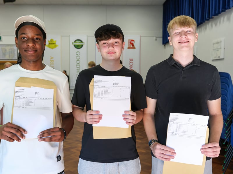 Crookhorn College has celebrated a wonderful morning of GCSE results. 

Pictured: From left, Kajae McKenzie has 6 passes and will study A-levels at Havant College, Cameron Slight has 4 passes and is heading to South Downs College, and Ben Adey has passed everything and will study A-levels at Havant College. 

Picture: Chris Moorhouse (210825-25)