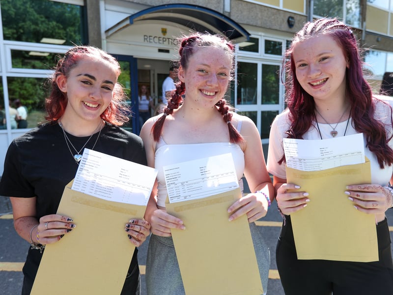 Crookhorn College has celebrated a wonderful morning of GCSE results. 
Pictured: From left, Bethany Weeks, Brooke Havey and Caitlin Watts who all took an exam a year early. GCSE results at Crookhorn College,  Stakes Hill Road, Waterlooville

Picture: Chris Moorhouse (210825-25)