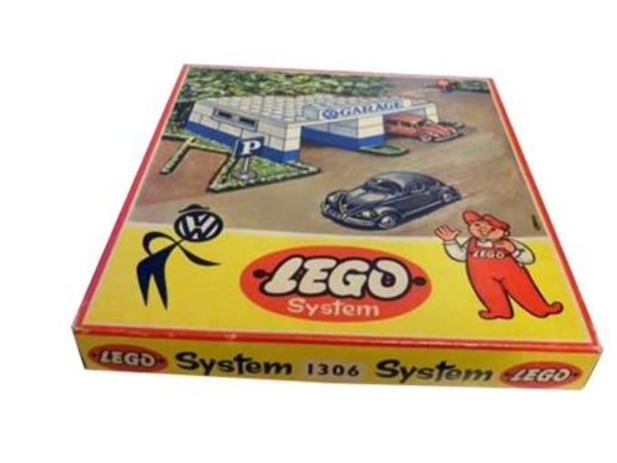 This 45-piece System Lego set (1306) was released in 1957 and contains a garage and two 260 VW Beetles, which were typically blue and green. It was priced £4.35 upon release and is now worth around £3,443 new, according to BrickEconomy.com, or £1,048 used.