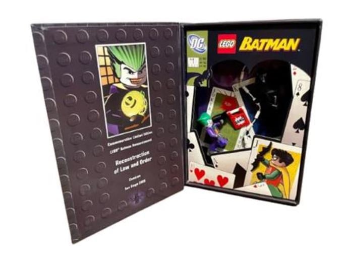 This promotional Comic-Con Commemorative Limited Edition Batman Announcement, from 2005, contains Batman and The Joker minifigures, along with a Joker gun and a rope for Batman to swing on. Only 250 were made. According to BrickEconomy.com, it is today worth around £3,198 new and unopened, or  £1,699 if used.