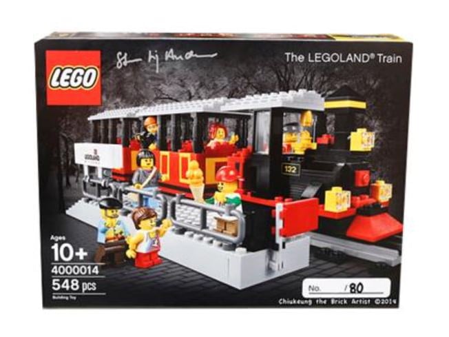 The exclusive 548-piece LEGOLAND Train set (4000014), released in 2014, includes the locomotive, two passenger cars, and the loading platform. It is worth around £2,079 new, according to BrickEconomy, or £1,659 used.